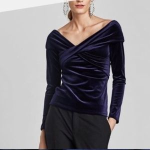 Zara Navy Velvet Cross Front Top M